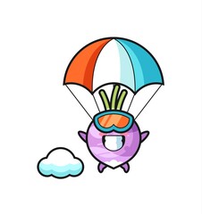 turnip mascot cartoon is skydiving with happy gesture