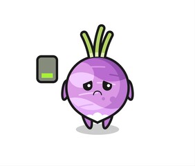 turnip mascot character doing a tired gesture