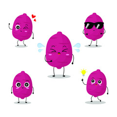 Vector illustration of purple sweet potato character with cute expression, funny, isolated on white background, vegetable for mascot collection, emoticon kawaii, adorable collection