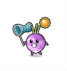 turnip mascot illustration is catching butterfly
