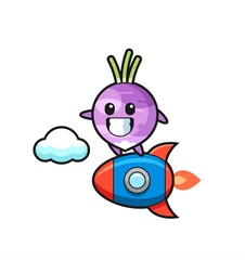 turnip mascot character riding a rocket