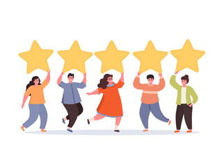 Men and women are holding gold rating stars over the heads. Concept of Five stars rating. Feedback consumer or customer review evaluation, satisfaction characters. Vector illustration