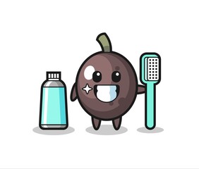 Mascot Illustration of black olive with a toothbrush