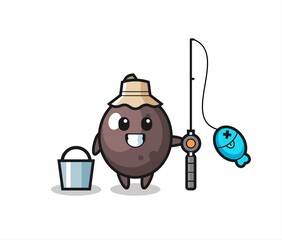 Mascot character of black olive as a fisherman