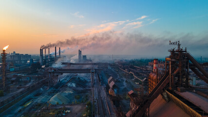 metallurgical plant heavy industry poor ecology top view smoke from chimneys smog