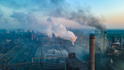 metallurgical plant heavy industry poor ecology top view smoke from chimneys smog