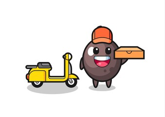 Character Illustration of black olive as a pizza deliveryman