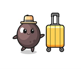 black olive cartoon illustration with luggage on vacation