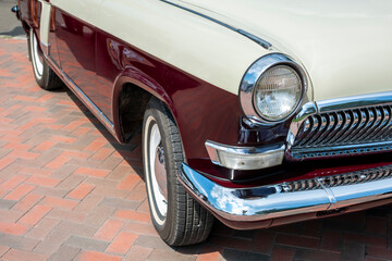 Close-up of a Soviet-made retro car at the exhibition.