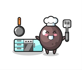 black olive character illustration as a chef is cooking