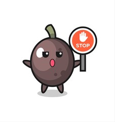 black olive character illustration holding a stop sign