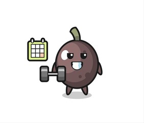 black olive mascot cartoon doing fitness with dumbbell