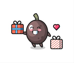 black olive mascot cartoon giving the gift