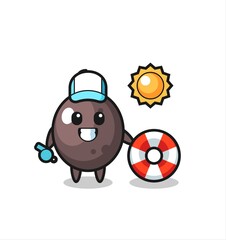 Cartoon mascot of black olive as a beach guard