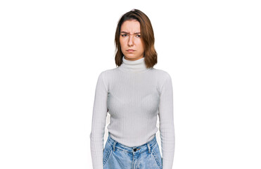 Young caucasian girl wearing casual clothes skeptic and nervous, frowning upset because of problem. negative person.