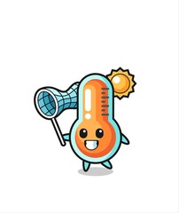 thermometer mascot illustration is catching butterfly