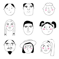 Vector set of portraits of people. Cartoon funny minimalistic female and male characters. Drawings of people's faces with different emotions and moods. Avatar for social networks