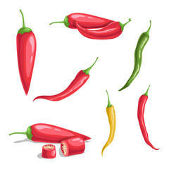 Chili pepper set in cartoon flat style. Different type of hot spicy vegetables. Whole and cut. Cayenne peppers. Vector illustrations isolated on white background.