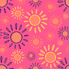 Vector seamless pattern colorful lined design of abstract lined sun in pastel colors on red