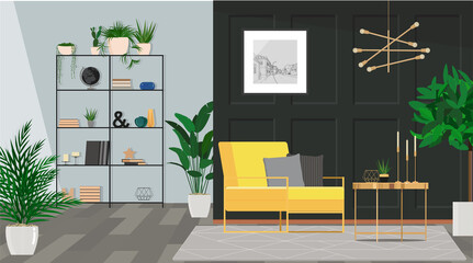 Interior with character in dark colors with a yellow armchair.