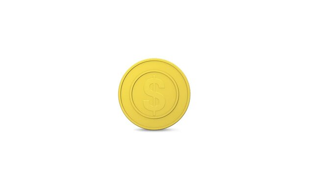 Close up golden coin rotating with shiny reflection, 3d rendering looping animation, business sign and symbol concept, isolated on white background.
