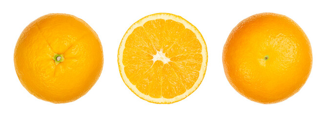 Valencia orange, top view, cut in half with cross section and bottom view, isolated and on white...