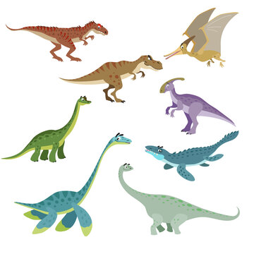 Cartoon dinosaurs set. Cute dinosaurs collection in flat funny style. Predators and herbivores prehistoric wild animals. Vector illustration isolated on white background.