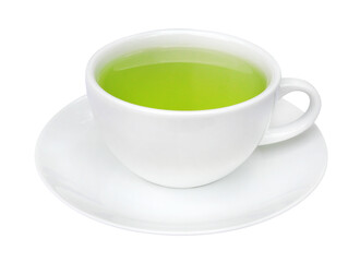 Organic hot green tea drink in ceramic cup isolated on white background, clipping path included