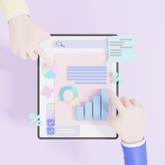 3D illustration, Online marketing, financial report chart, data analysis, concept Hand holding tablet with data chart. research, planning, and statistics.