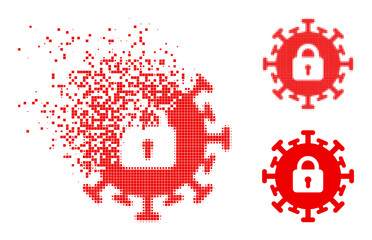 Decomposed pixelated contagious lockdown icon with destruction effect, and halftone vector icon. Pixel creation effect for contagious lockdown shows speed and movement of cyberspace things.