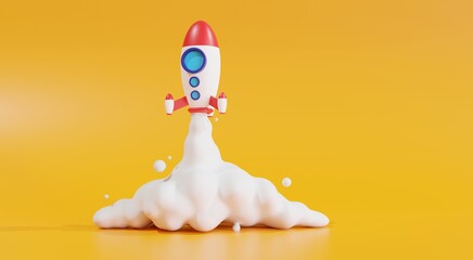 Toy rocket takes spewing smoke on a yellow background. The symbol for success education and knowledge. 3D illustration © Thanapipat