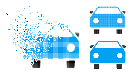 Fractured pixelated car glyph with wind effect, and halftone vector icon. Pixelated transformation effect for car gives speed and movement of cyberspace abstractions.