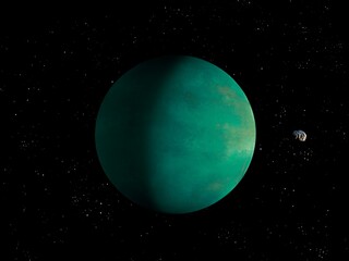Green exoplanet in space, beautiful planet with atmosphere, space background