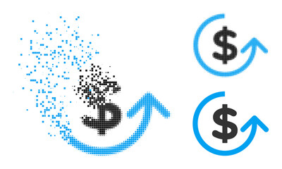 Destructed pixelated chargeback glyph with destruction effect, and halftone vector symbol. Pixelated disappearing effect for chargeback demonstrates speed and motion of cyberspace concepts.