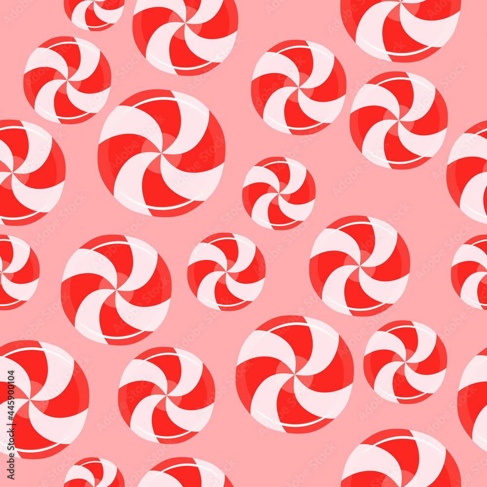 Poster red candys wallpaper. random location of candy pattern. seamless curly caramel.
