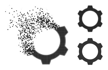 Damaged pixelated gear glyph with destruction effect, and halftone vector icon. Pixelated dissipation effect for gear demonstrates speed and motion of cyberspace concepts.