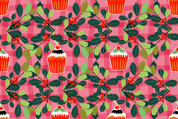 pattern with christmas cake and holly branches