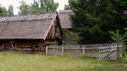 A thatched country cottage with a fence, lawn and trees.