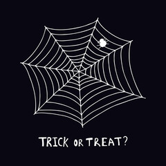 Vector halloween illustration white spider, web and text trick or treat on dark background