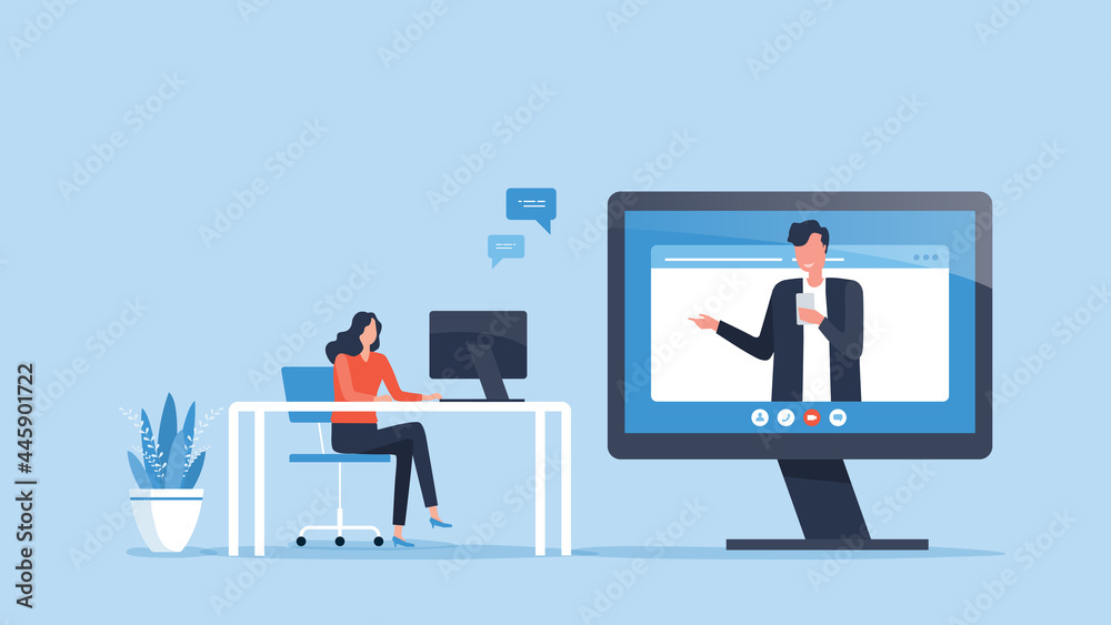 Aufkleber flat illustration online job interview design concept and Business team working meeting online with technology remote connection concept