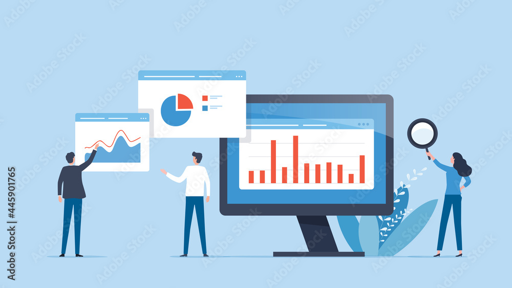 Poster Flat vector illustration business team analytics and monitoring on web report dashboard monitor concept 