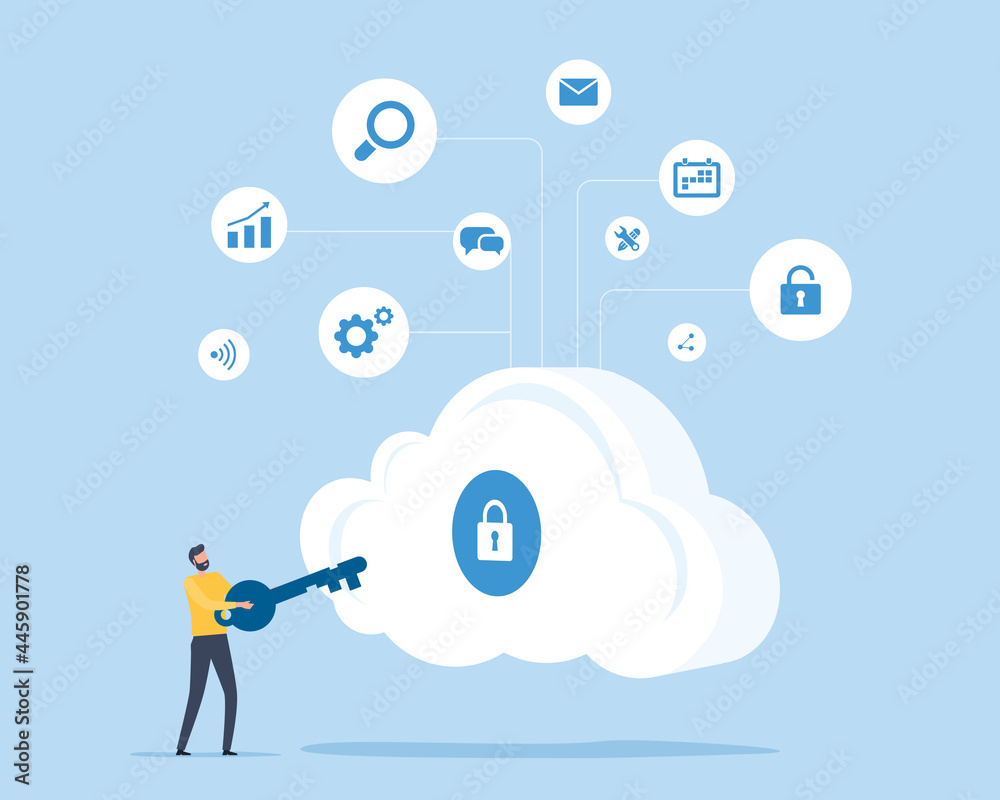 Poster flat illustration design technology cloud security concept with a man hold key for unlock cloud server