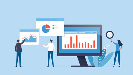 Flat vector illustration business team analytics and monitoring on web report dashboard monitor concept 