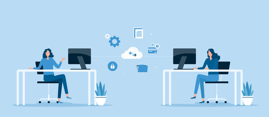 Flat vector illustration smart working online and business team working connection with cloud server storage concept