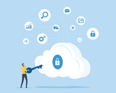 flat illustration design technology cloud security concept with a man hold key for unlock cloud server