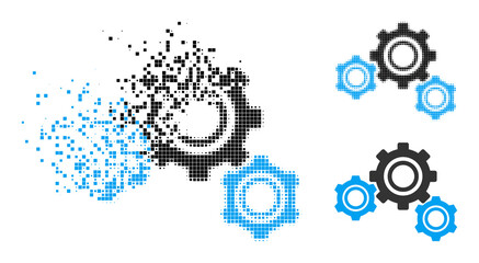 Fractured pixelated gears icon with destruction effect, and halftone vector icon. Pixelated fragmentation effect for gears shows speed and movement of cyberspace concepts.