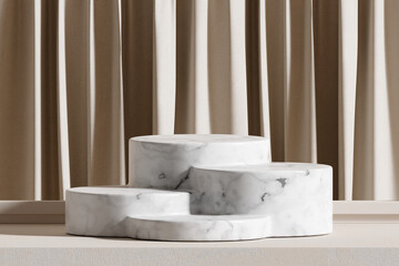 Marble product display podium stand with curtain on brown background. 3D rendering