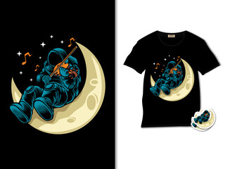 Astronaut Playing Violin Moon Illustration With T Shirt Design