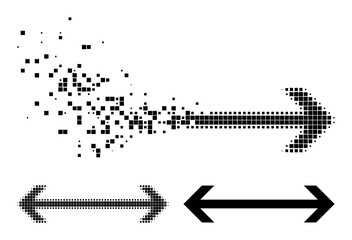 Moving pixelated horizontal flip pictogram with destruction effect, and halftone vector image. Pixelated disappearing effect for horizontal flip shows speed and movement of cyberspace objects.