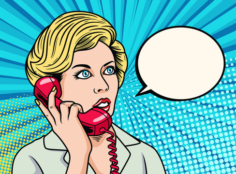 Business Woman Talking Phone Pop Art Icon Illustration